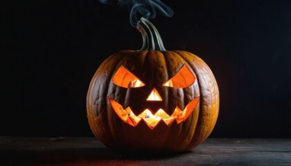  a carved jack o lantern on a table with a smoke trail coming out of the top of the jack o'lantern, which is lit up in the dark. - obrazy, fototapety, plakaty
