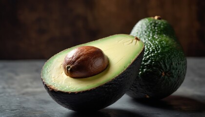  an avocado cut in half with an avocado in the middle and an avocado in the middle of the avocado on a table. - obrazy, fototapety, plakaty