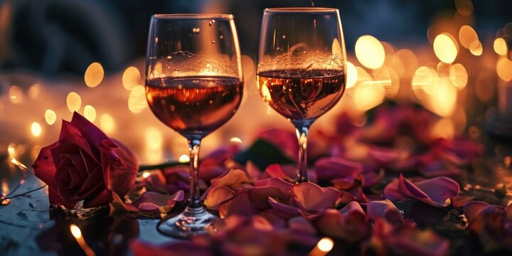 Two glasses of wine sitting on a table with rose petals. Perfect for romantic occasions or celebrations