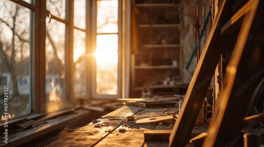 Poster Sunlight streaming through the window of a dilapidated building. Perfect for adding a touch of natural light to any project