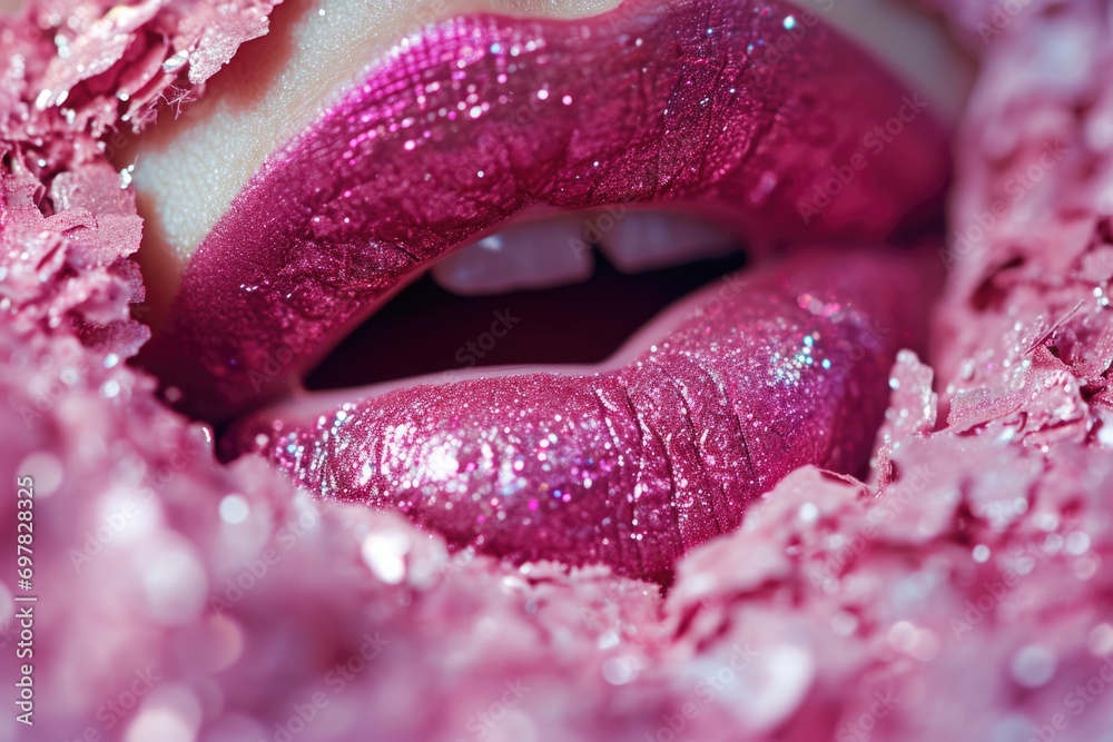 Poster close up of a woman's lips covered in pink glitter. perfect for makeup tutorials or adding a touch o