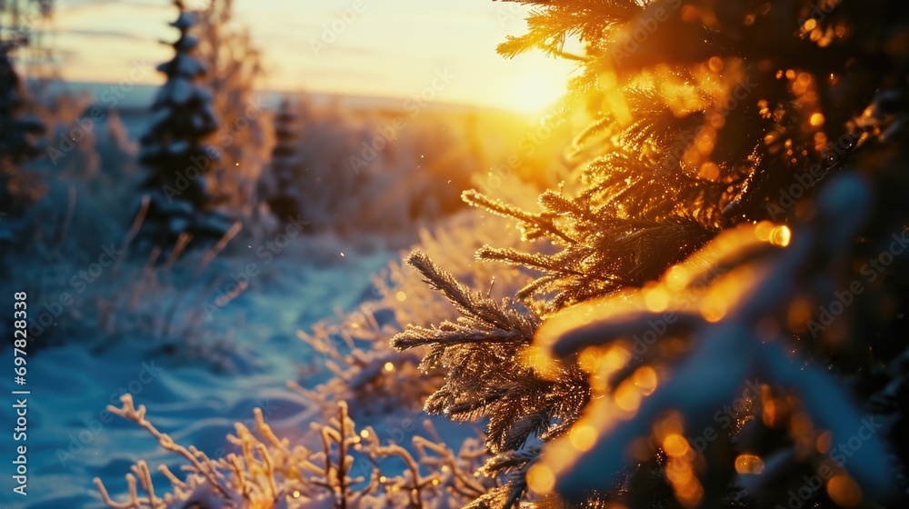 Poster the sun shines through the frosty branches of a tree. perfect for winter-themed designs and nature-i