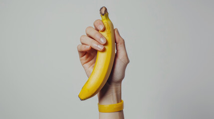 A person holding a banana in their hand. Suitable for food and nutrition-related content - Powered by Adobe