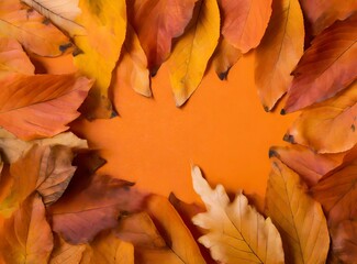 Yellow and orange leaves isolated on orange background, with copy space for text or graphic design