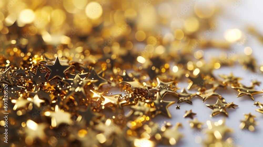 Poster a pile of gold stars on a white surface. perfect for adding a touch of glamour and elegance to any d