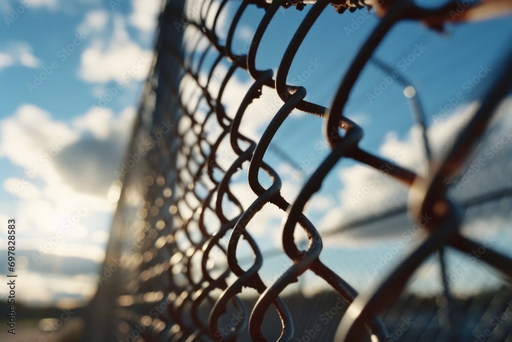 Poster a detailed view of a chain link fence. this image can be used to depict security, boundaries, or con
