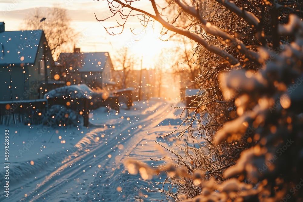 Poster A snowy street with trees and buildings in the background. This picture can be used for various winter-themed designs and illustrations