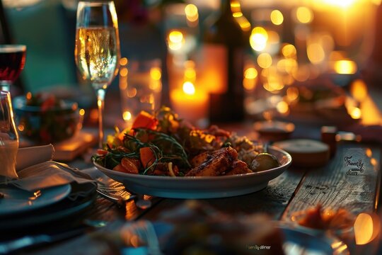 A plate of food and a glass of wine on a table. Perfect for restaurant promotions or food and drink related designs