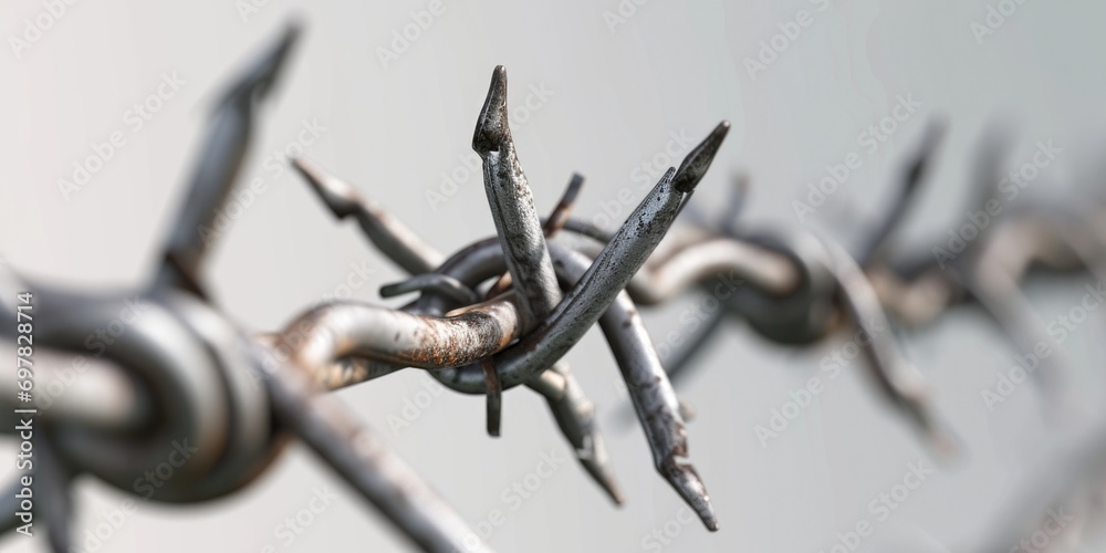 Poster a detailed view of a barbed wire fence. this image can be used to depict themes of security, confine