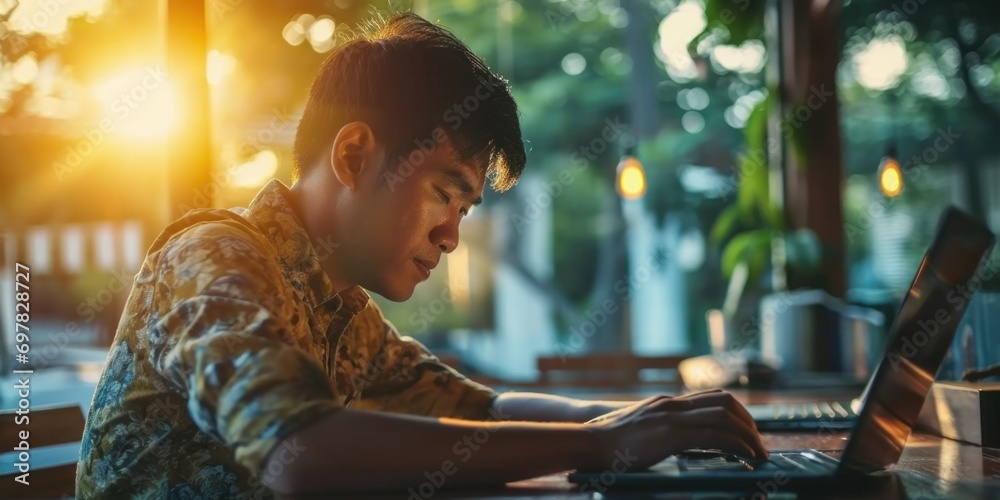 Aufkleber A man sitting at a table using a laptop computer. Suitable for technology and remote work concepts