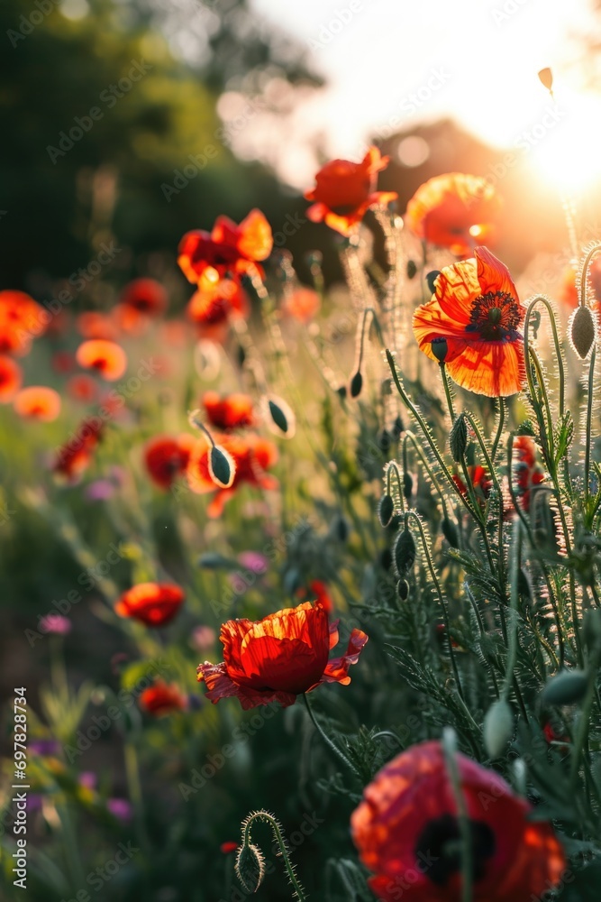Aufkleber a beautiful field of red flowers with a breathtaking sunset in the background. perfect for adding a 