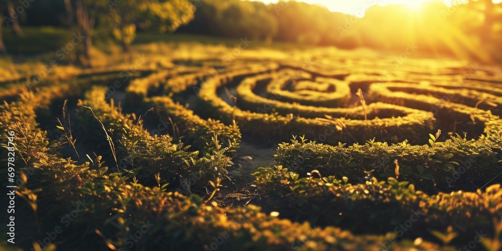 Leinwandbilder A circular maze located in the middle of a field. Perfect for illustrating puzzles and problem-solving concepts