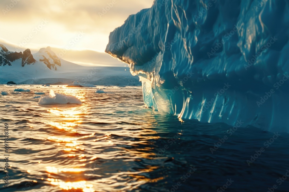 Poster A massive iceberg floating in the middle of a body of water. This image can be used to depict the power and beauty of nature.