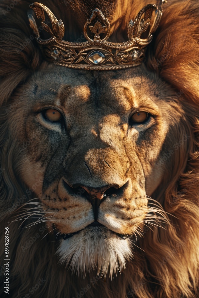 Poster a close up image of a lion wearing a crown. this picture can be used to depict power and majesty