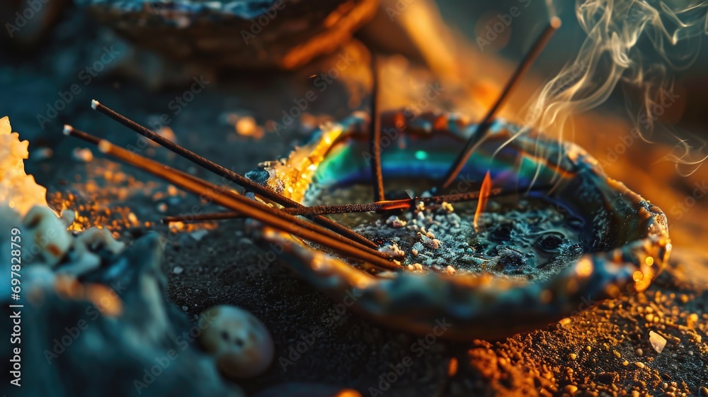 Poster a simple composition featuring a bowl of incense sticks and a bowl of rocks. this versatile image ca