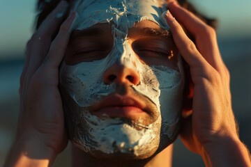 Close up view of a person wearing a face mask. This image can be used to represent safety precautions, health and hygiene, or protection against airborne diseases - obrazy, fototapety, plakaty