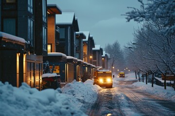 A truck driving down a snow covered street. Ideal for winter transportation or snowy road concepts