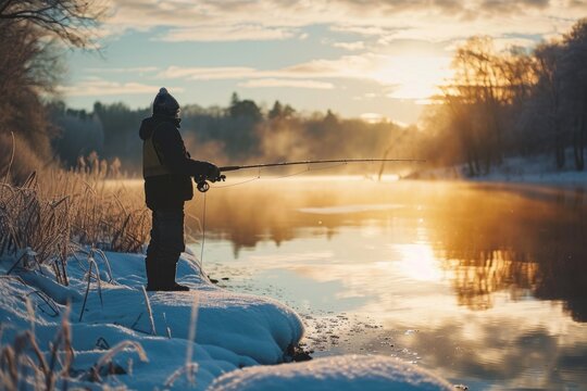 A person standing on a snow covered bank with a fishing rod. This image can be used to depict winter fishing or enjoying outdoor activities in snowy landscapes