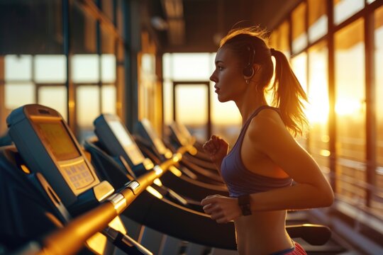 A woman is seen running on a treadmill in a gym. This image can be used to depict fitness, exercise, and a healthy lifestyle