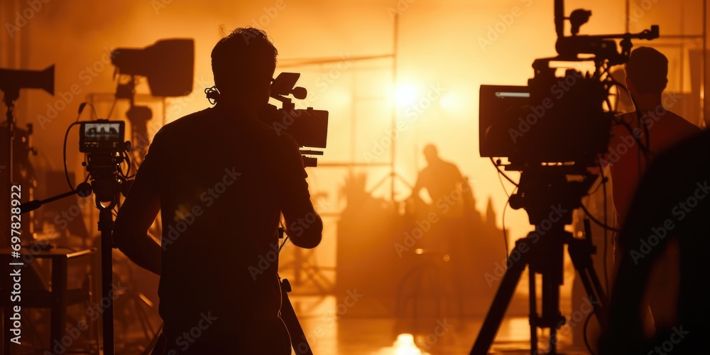Poster a man standing confidently in front of a camera, ready to capture the perfect shot. suitable for pho