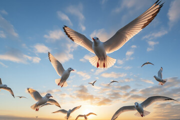 A group of seagulls flying in the sky against the background of sunset near the sea