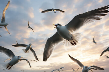 Obraz premium A group of seagulls flying in the sky against the background of sunset near the sea