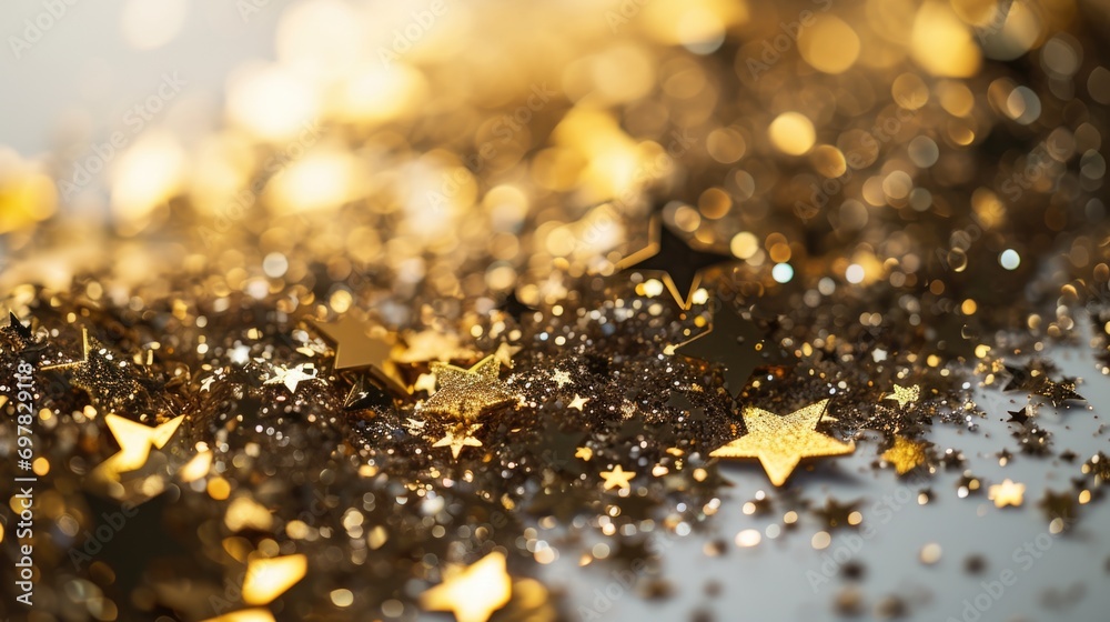 Poster A close-up view of a bunch of gold stars. Perfect for adding a touch of glamour and elegance to any design project