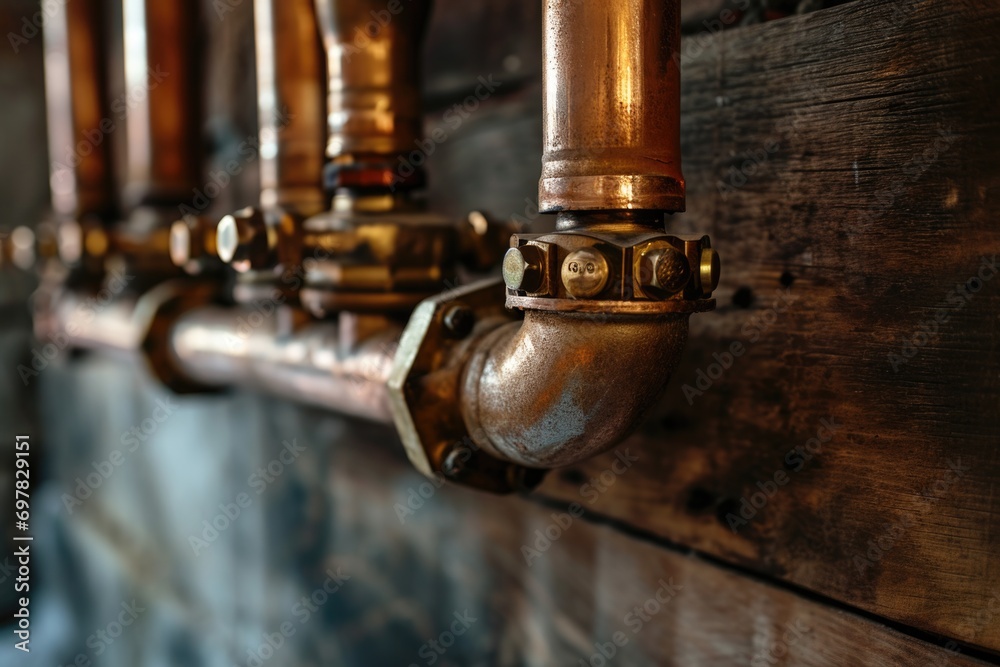 Poster a close up view of a bunch of pipes on a wall. this image can be used to depict industrial infrastru