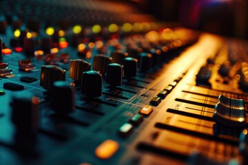 A detailed view of a sound board in a recording studio. Ideal for music production, audio...