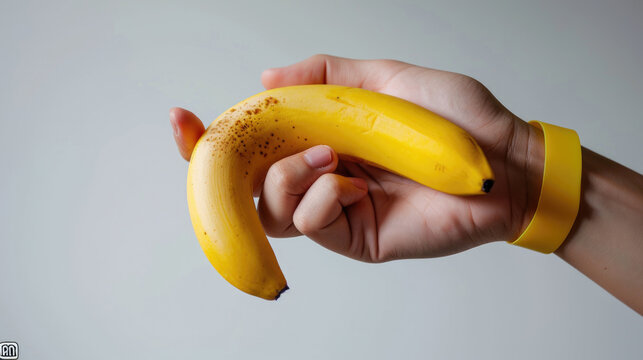 A person holding a banana in their hand. This image can be used to depict a healthy lifestyle or a simple snack option