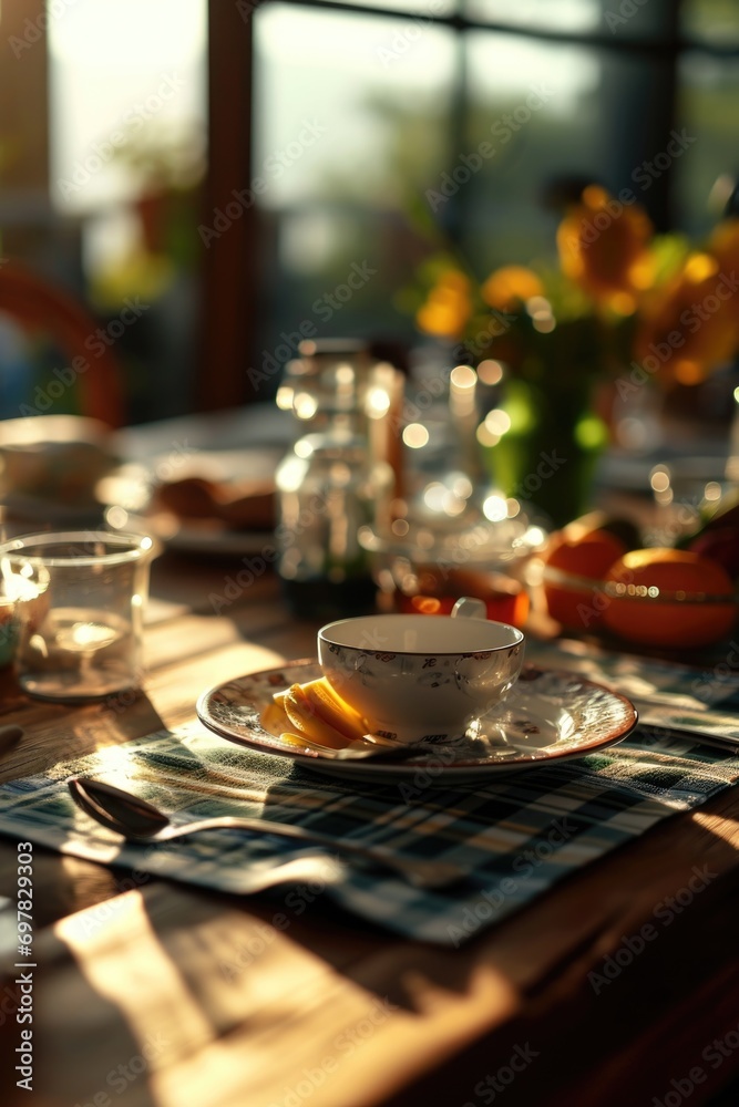 Poster a simple yet elegant table setting featuring a tea cup and saucer. perfect for tea parties or aftern