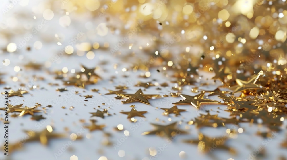 Poster a collection of gold stars arranged on a white surface. perfect for adding a touch of glamour and ce