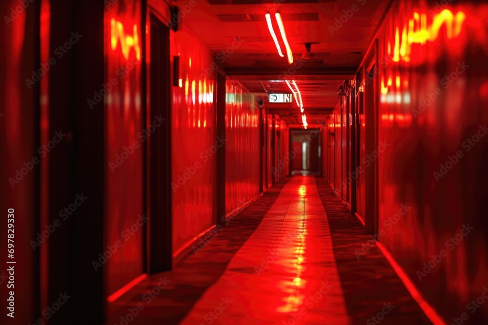 Poster a long hallway with red walls and lights. perfect for adding a touch of drama to any project