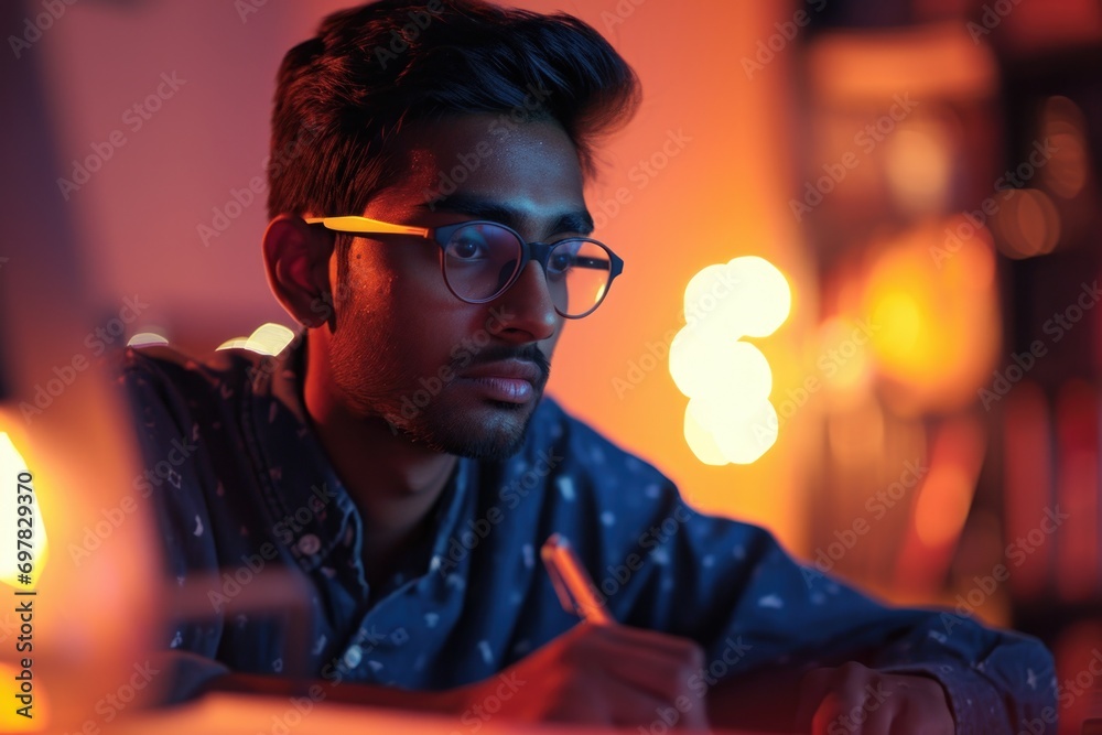 Aufkleber A man in glasses is working on a laptop. This image can be used to depict a professional working on technology or as a representation of remote work