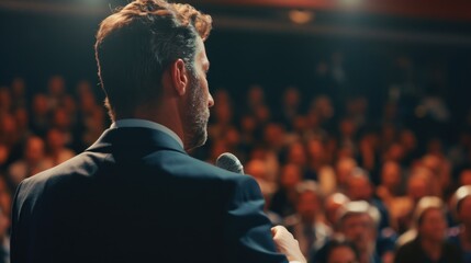 A man in a suit speaking into a microphone. Suitable for business presentations and public speaking events
