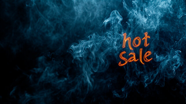 Black background with smoke. inscription in fiery letters "hot sale", free space for text. Generative AI