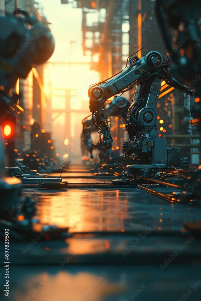 Poster a robot standing in the middle of a street. can be used to depict futuristic technology or urban env