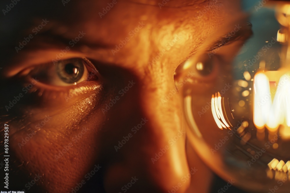 Poster Person closely examining a light bulb. This image can be used to represent curiosity, innovation, and problem-solving