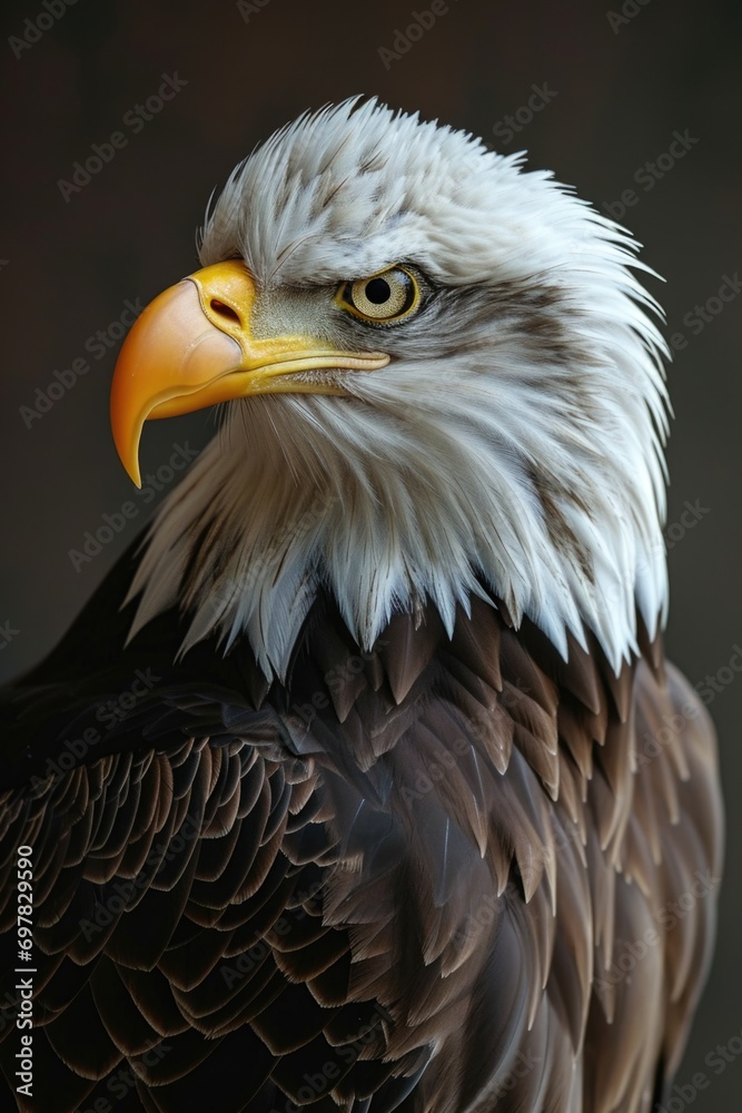 Poster a detailed close-up view of a bald eagle's head, showcasing its majestic features. this image can be