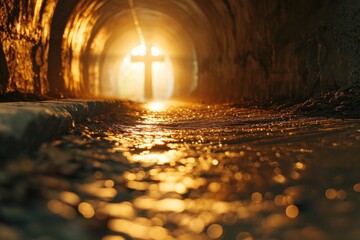 A picture of a tunnel with a bright light at the end. Can be used to symbolize hope, new beginnings, or finding a way out of difficult situations - obrazy, fototapety, plakaty