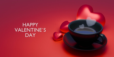 Happy Valentine's Day Banner Greeting Card Cup of Coffee Shape 3D Rendering.