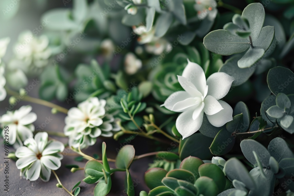 Poster A close-up view of a bunch of white flowers. Perfect for adding a touch of elegance to any project or design