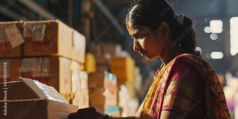 Poster a woman stands in a warehouse, carefully examining a piece of paper. this image can be used to depic