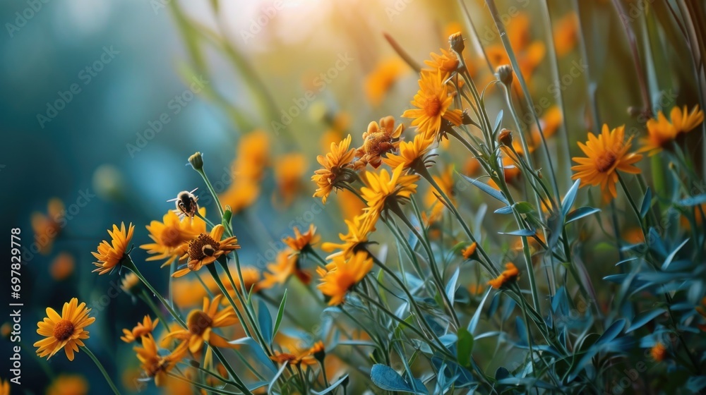 Poster A beautiful bunch of yellow flowers in a field. Perfect for adding a touch of nature to any project