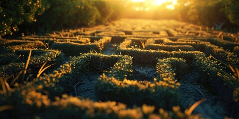 A picturesque image of the sun setting over a maze in the middle of a field. This image can be used to depict the beauty of nature and the tranquility of rural landscapes