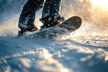 A person riding a snowboard down a snow covered slope. Suitable for winter sports and adventure themes - obrazy, fototapety, plakaty