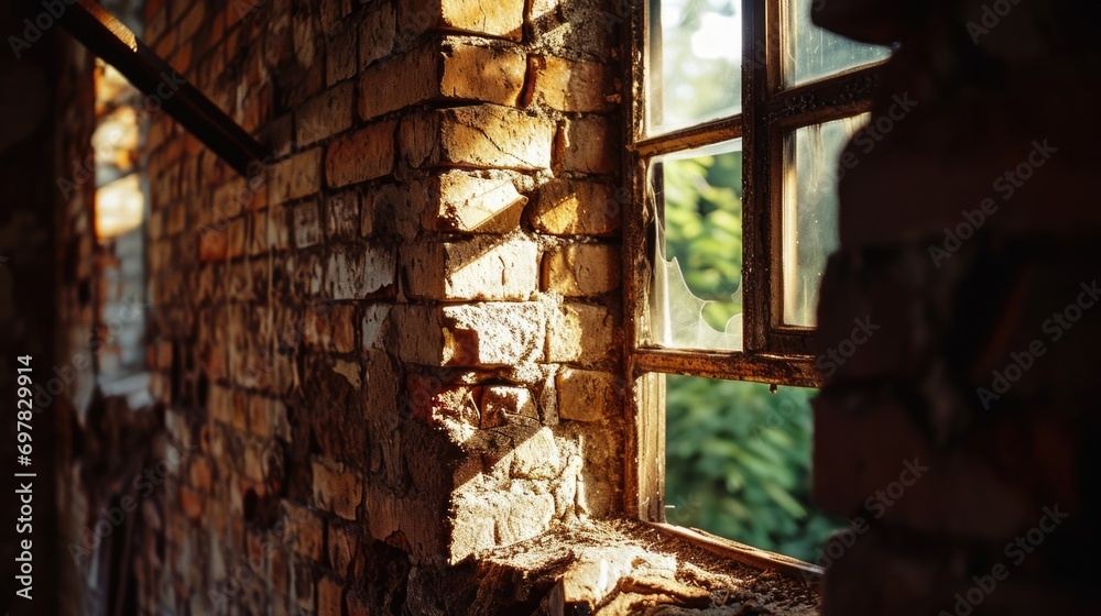 Poster Sunlight streams through a window in a brick building. Perfect for adding warmth and natural light to any project