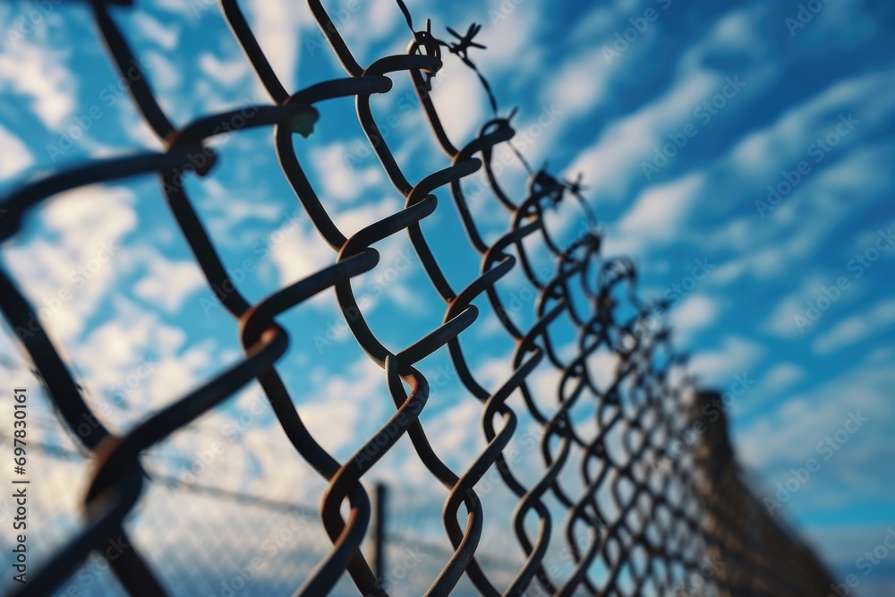 Poster a detailed close-up shot of a chain link fence. this versatile image can be used to depict security,