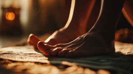 Close up shot of a person's feet resting on a bed. Perfect for showcasing comfort and relaxation.