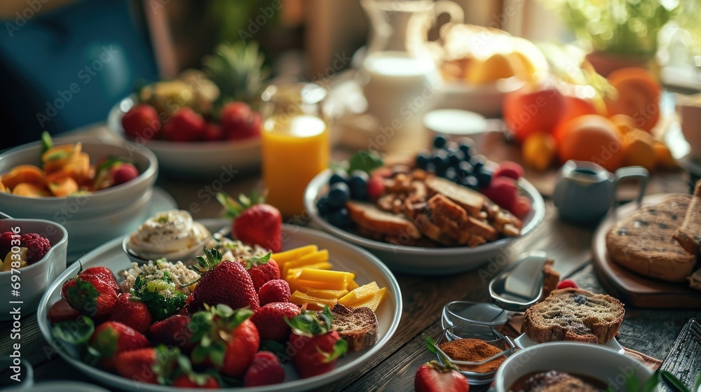 Poster a wooden table adorned with a mouth-watering spread of delectable food. perfect for showcasing a sum